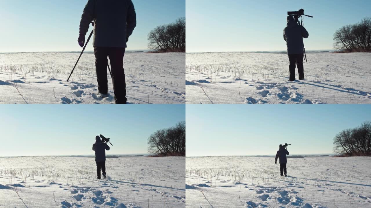 男人在冬天拍照