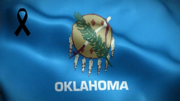 4K纹理国旗俄克拉荷马州与黑丝带动画股票视频俄克拉荷马州哀悼和意识日。高度详细的织物图案旗帜在循环挥