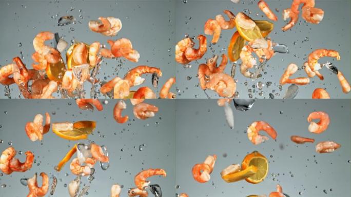 带有冰块和水花的虾在飞行中飞起并旋转。拍摄的是1000 fps的慢动作。