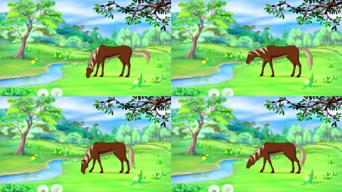 棕色的马在草地上吃草