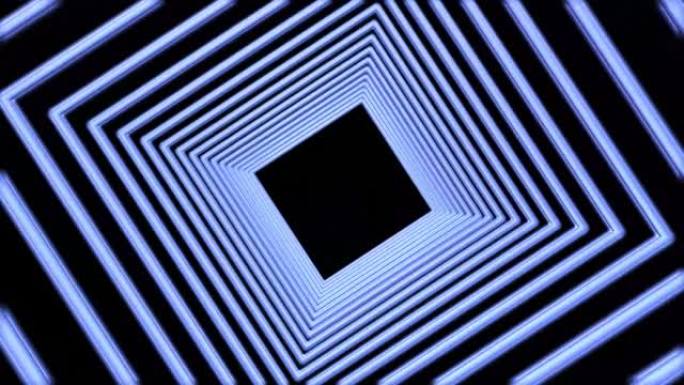 霓虹方形隧道呈圆形移动。抽象的未来背景。3D动画。