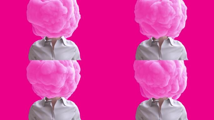 穿着衣服的男人的身体，头上有粉红色的云。创意现代定格风格的现实3d艺术构图。最小抽象图形概念设计。时
