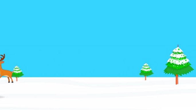 鹿跑跳跃动画。循环卡通动物rein鹿圣诞老人动画圣诞快乐新年快乐镜头。白雪皑皑的背景上的松树。蓝天。