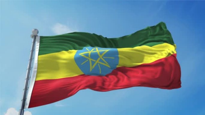 埃塞俄比亚国旗循环。现实的4 k。埃塞俄比亚国旗30帧。埃塞俄比亚国旗在风中飘扬。无缝环与高度细致的