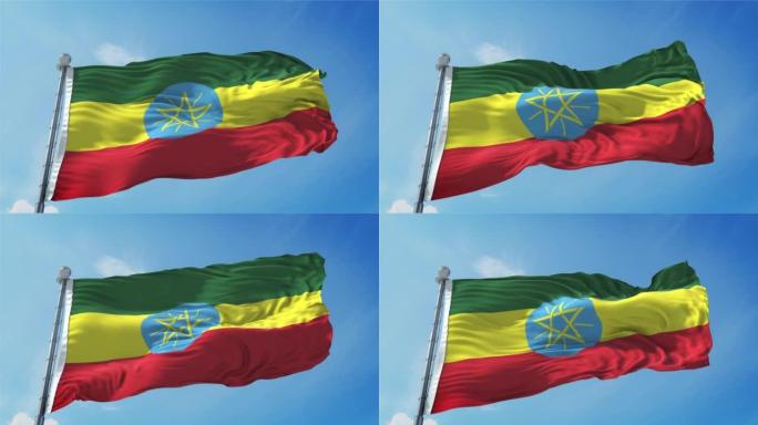 埃塞俄比亚国旗循环。现实的4 k。埃塞俄比亚国旗30帧。埃塞俄比亚国旗在风中飘扬。无缝环与高度细致的
