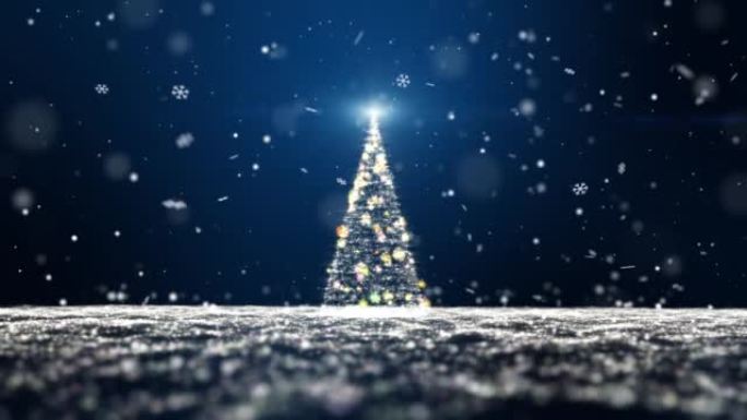发光的蓝色颗粒闪闪发光的圣诞树灯。4096x2304像素