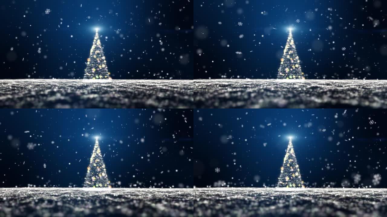 发光的蓝色颗粒闪闪发光的圣诞树灯。4096x2304像素