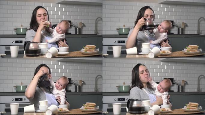 精疲力竭的女人带着婴儿在家喝咖啡