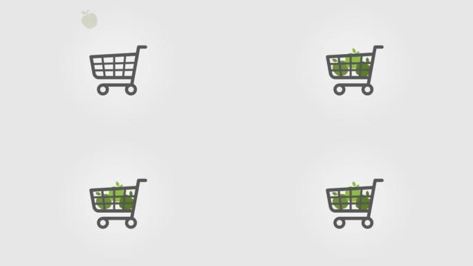 购物车信息图动画。该模型使用与营销，购物，商业，销售，生产，购买水果，健康，绿色，天然食品相关的图标
