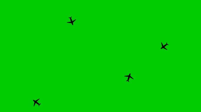 动画黑色飞机沿着一圈轨迹飞行。飞机旅行的概念。环游世界。循环视频。孤立在绿色背景上的平面插图。