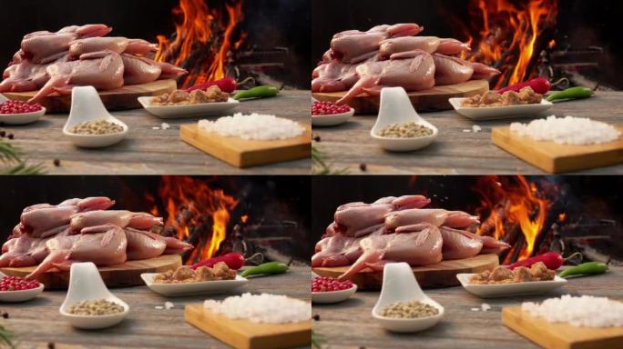 烤鹌鹑原料的特写全景