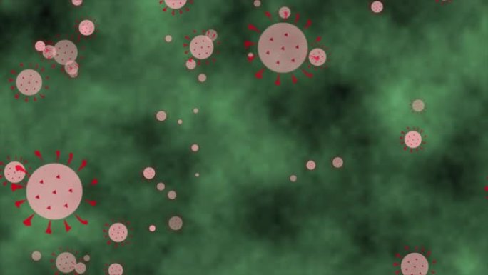 COVID 19冠状病毒2D动画。显微镜下危险的大流行病毒细胞特写。