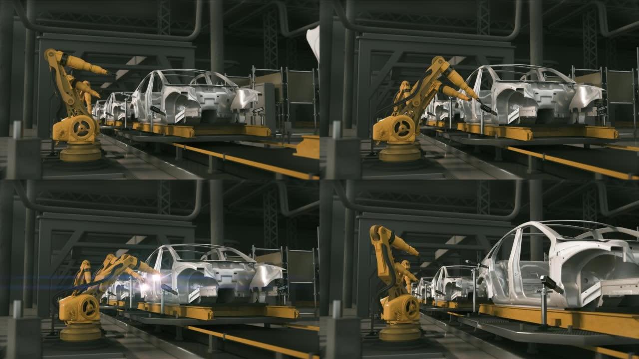 车厂3D概念: 自动化机械臂装配线制造高科技绿色能源电动汽车。自动施工，焊接工业生产输送机。前视图。