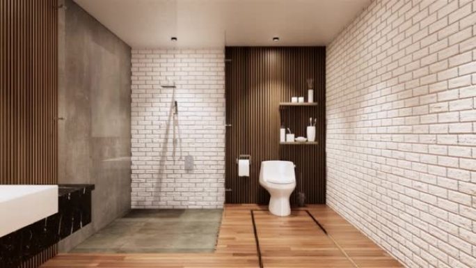 瓷砖白色和黑色墙壁设计卫生间，房间现代风格。3D插图渲染