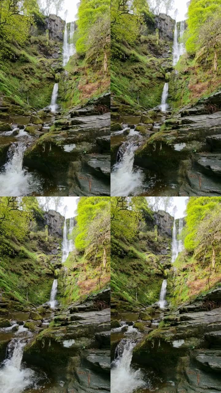 瀑布的垂直翻转，从覆盖着苔藓的岩石上流下