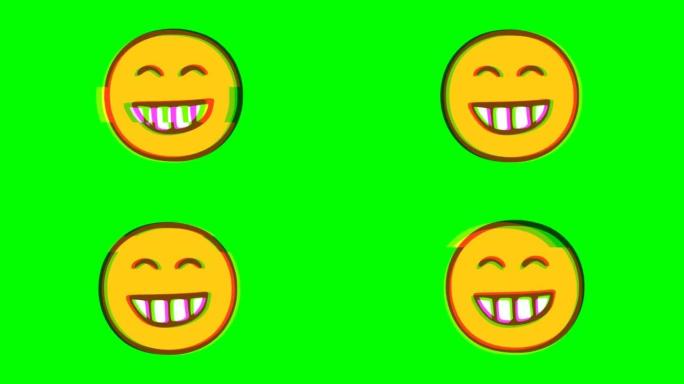绿色背景上的笑表情故障效应。有趣的角色。表情符号运动图形。