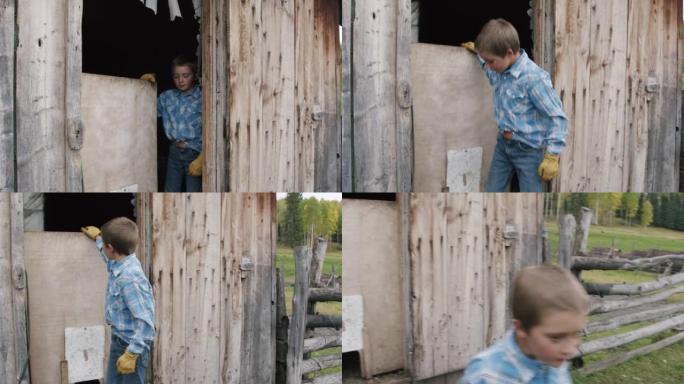 负责任的，成熟的年轻农民男孩在美国科罗拉多州的一个小镇家庭牧场上离开家庭农场的木制鸡舍，棚子或谷仓