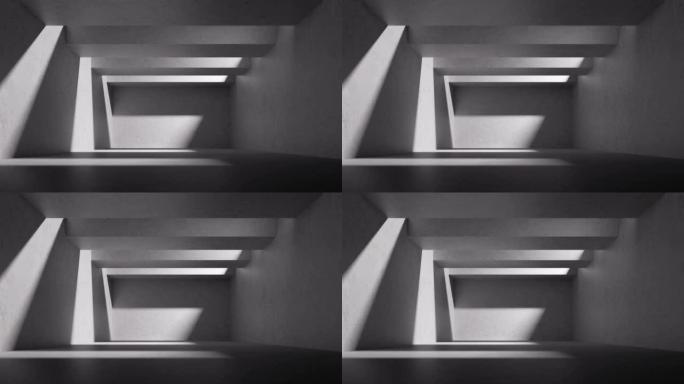 循环3d动画。摘要背景。光和阴影穿过带有混凝土墙的空房间