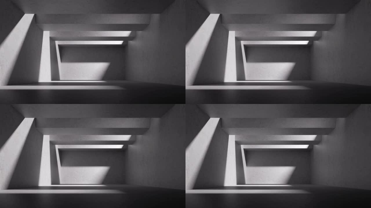 循环3d动画。摘要背景。光和阴影穿过带有混凝土墙的空房间