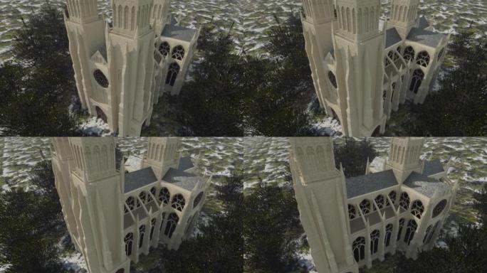 带有树木的哥特式大教堂的动画，相机旋转
