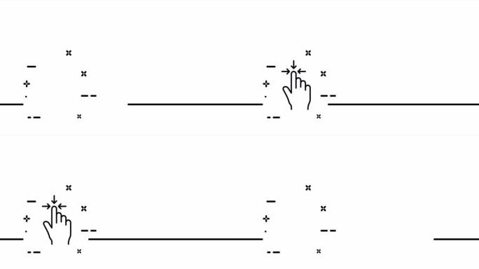带缩小按钮的手。最大化，最小化，查看，全屏，窗口，查看器，控制面板，箭头，比例，触摸。一个线条画动画