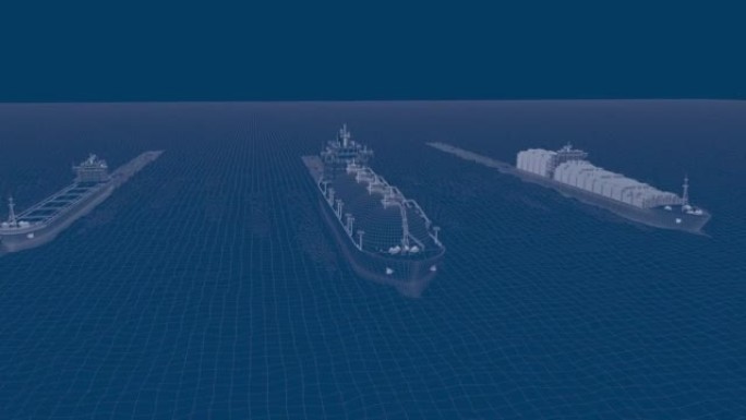 一艘3500 TEU集装箱船、一艘液化天然气船和一艘散货船在海上船头到船尾的3d渲染