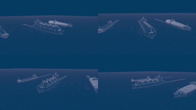 一艘3500 TEU集装箱船、一艘液化天然气船和一艘散货船在海上船头到船尾的3d渲染