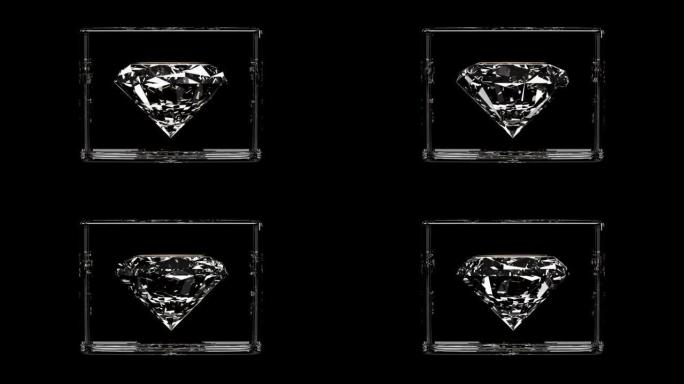 黑色背景上有玻璃盒子的钻石。3d渲染动画