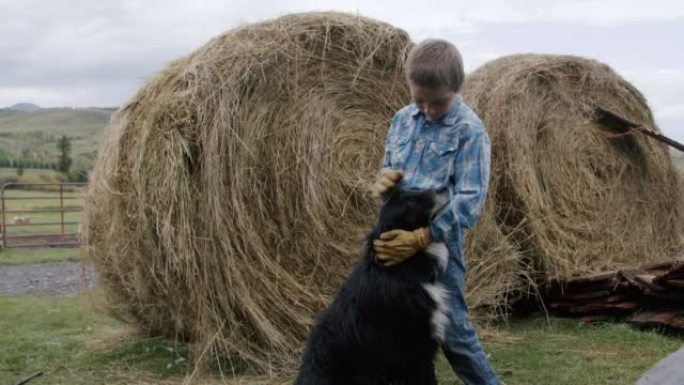 复制空间广角镜头，一个可爱的男性高加索牧场主孩子穿着纽扣衬衫和工作手套站在一大圈草捆干草前，在美国科