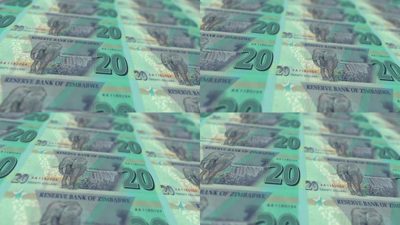 津巴布韦美元印刷机打印出当前美元钞票，无缝循环，亚美尼亚货币货币背景，4K，焦点深度平滑和Nice股