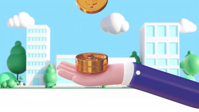 3d动画在城市背景上增长硬币。手掌中的硬币。经济危机。手里拿着钱。数钱，贫穷观念，现金短缺。储蓄钱。