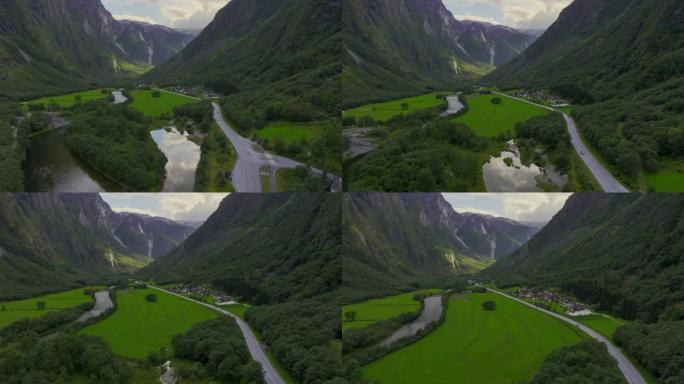 挪威河谷鸟瞰图峡谷河谷青色绿野