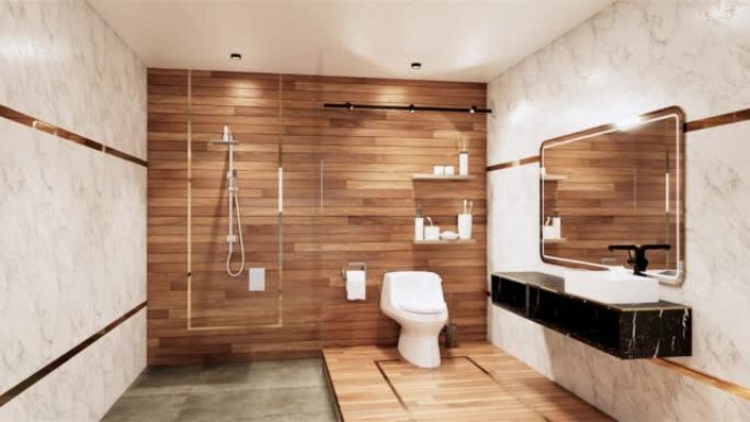 花岗岩瓷砖白色和黑色墙壁设计厕所，房间现代风格。3D插图渲染