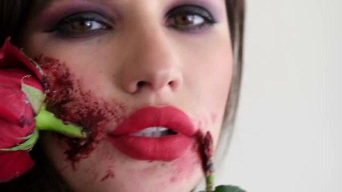 一个女孩嘴里含着玫瑰的神奇视频，为万圣节化妆。红色唇膏的嘴唇