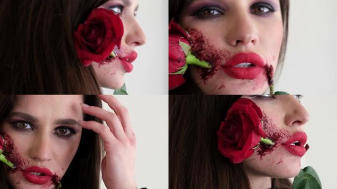 一个女孩嘴里含着玫瑰的神奇视频，为万圣节化妆。红色唇膏的嘴唇