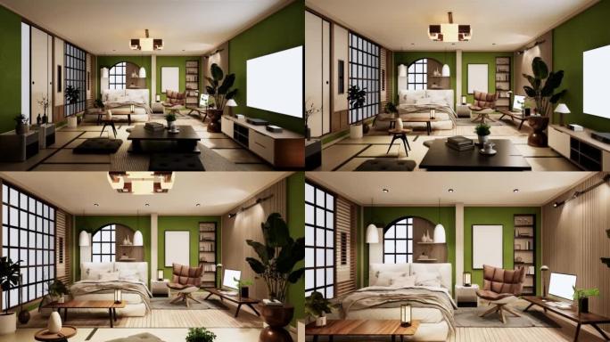 简约瓦比萨比室内模型设计，房间无印良品。3D渲染。