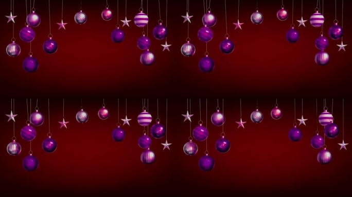 动画紫色球隔离在红色屏幕上，用于设计圣诞节或新年模板。