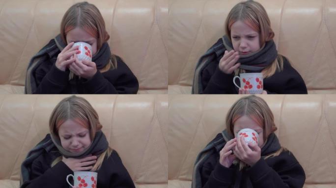 一个年轻女孩病了，咳嗽很多，嗓子疼。她喝着温热的药，做了个鬼脸。