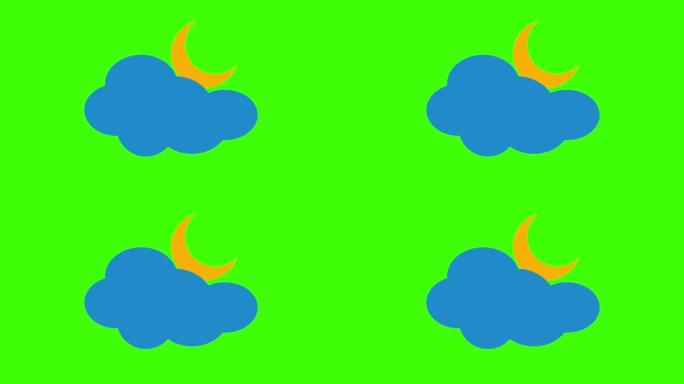 简单的动画部分多云的夜晚，云和新月图标隔离在绿色屏幕上4k