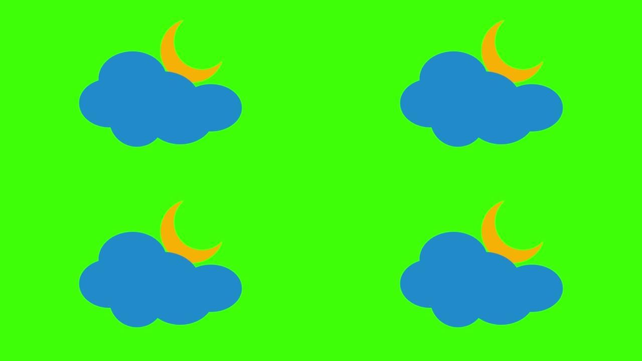 简单的动画部分多云的夜晚，云和新月图标隔离在绿色屏幕上4k
