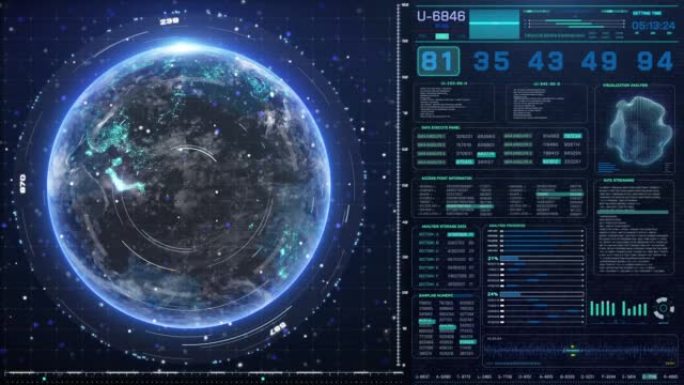 数字技术未来派HUD UI系统界面信息图形显示元素HUD仪表板扫描逼真的地球4k运动图形显示。