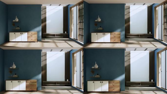 橱柜电视木制日本设计在蓝色房间最小内部。3d渲染