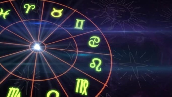 十二星座星座，纳塔尔图占星术轮，塔罗牌，魔法和密教，平滑4k视频渲染