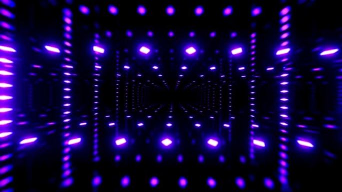 穿过霓虹灯图案的镜面隧道，发光结构形成科幻图案。明亮的反射霓虹灯。简单明亮的背景，科幻结构。4k几乎