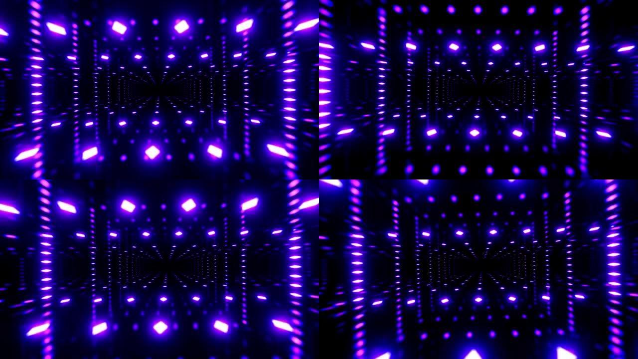 穿过霓虹灯图案的镜面隧道，发光结构形成科幻图案。明亮的反射霓虹灯。简单明亮的背景，科幻结构。4k几乎