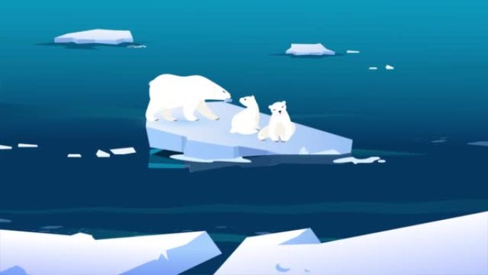 北极熊妈妈在北极海2D动画中用融化的碎冰喂养她的两个婴儿。气候变化。全球变暖概念。