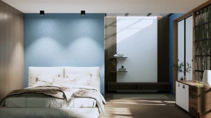 日本蓝色卧室的Wabi sabi床和装饰植物。3D渲染。