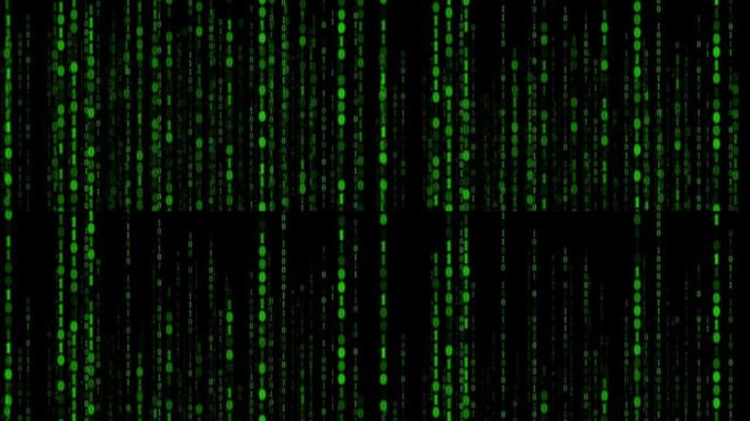 二进制代码黑色和绿色背景，数字在屏幕上移动，数字时代的概念。算法二进制，数据代码，解密和编码，行矩阵