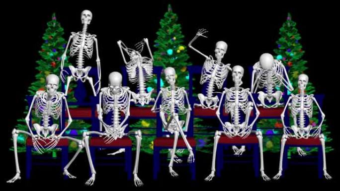 骷髅们坐着和圣诞树聊天。圣诞骷髅说话。3D骨架。