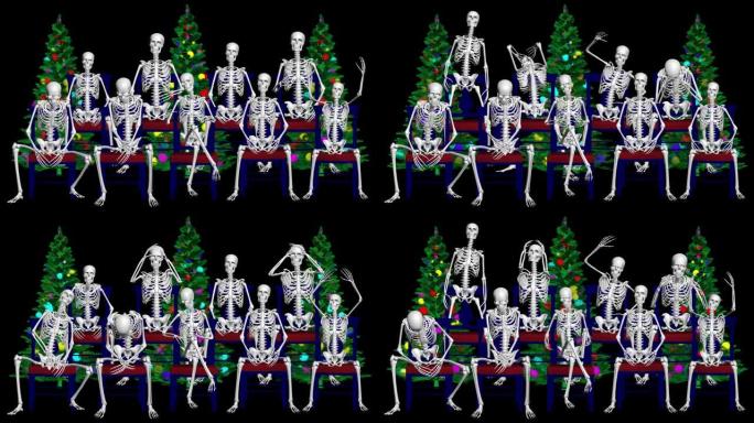 骷髅们坐着和圣诞树聊天。圣诞骷髅说话。3D骨架。
